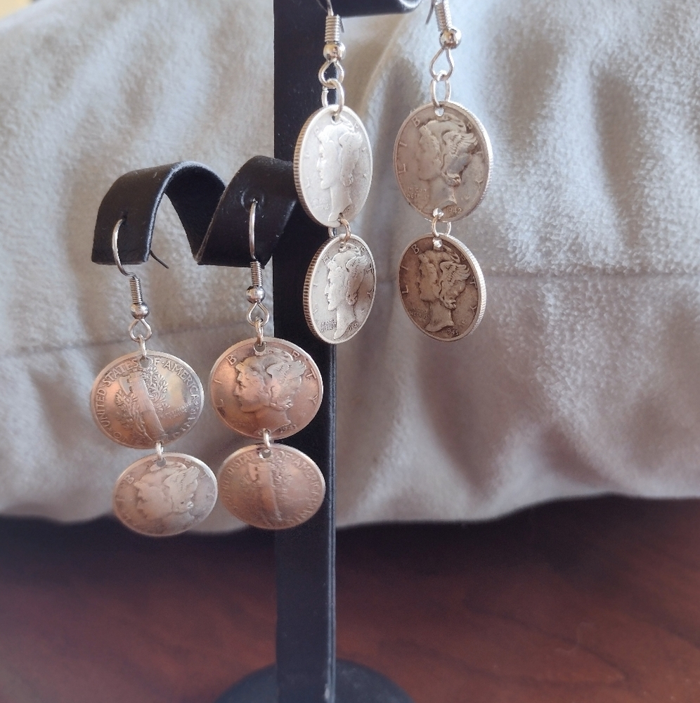 Vintage Handmade Silver Double Domed Polished Mercury Dime Earrings